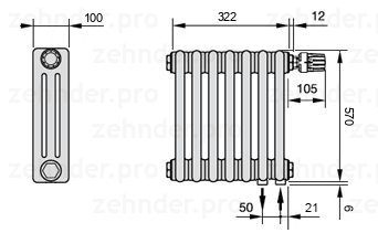 Схема (чертеж) Радиатор Zehnder Charleston 3057/7 №V002 Technoline TL